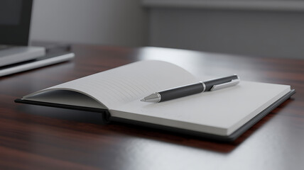 Photo of an open notebook with a pen sits on a wooden desk near a laptop