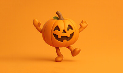 Happy Dancing Pumpkin Character on a Orange Background with Space for Copy