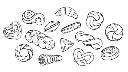 Big vector set, delicious pastries, braided buns, pies, croissant, waffle tube with cream, simple black and white icons, doodle and sketch style