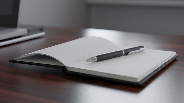 Photo of an open notebook with a pen sits on a wooden desk near a laptop