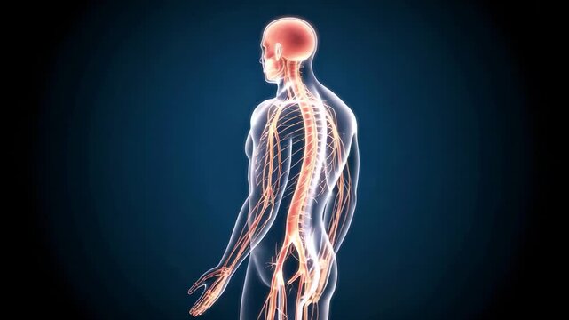 Human nervous system anatomy illustration: 3D render demonstrating the brain and entire nerve network on a dark background.
