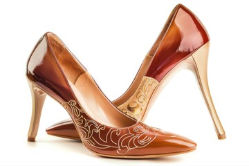 Golden Heel Brown Leather Pointed Fashion Stilettos Glamour Style Elegant on transparent background