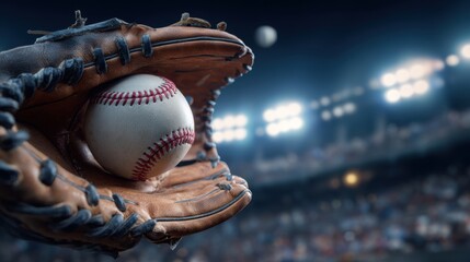 A well-worn baseball glove captures a ball mid-air under bright stadium lights with excited fans cheering in the background during a thrilling night game.