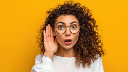 Obraz premium A woman with curly hair and round glasses expresses shock and curiosity as she listens intently. The vibrant yellow backdrop enhances her surprised look.