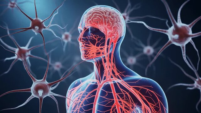 Human nervous system model with neuron cells and brain activity in blue and red illustration that represents the structure of the brain