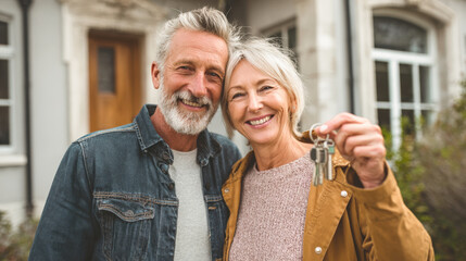 A happy senior couple stands outside a house, smiling at camera. The woman is holding up a set of keys, symbolizing homeownership, retirement, real estate investment, joy of new milestone together