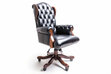 Executive black leather chair office furniture luxury armchair with wood on transparent background