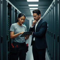 A man and woman looking at a tablet in a server room
