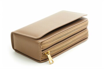 Beige wallet with golden zippers fashion accessory money holder elegant on transparent background