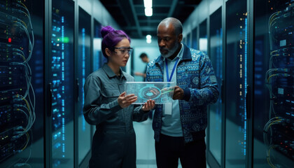 A man and a woman standing in a server room