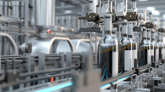 Bottles of wine on a production line in a factory. The scene shows a modern bottling process with clear glass bottles and a conveyor belt.
