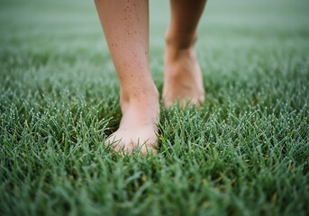 Barefoot stride through verdant grass coated with sparkling morning dew