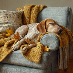 Cozy dog relaxing on a couch surrounded by autumn leaves and a warm blanket in a sunny living room