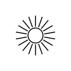 Simple outline icon of a bright sun with a circular center and long, radiating rays, symbolizing summer, light, weather, warmth, and sunny days in a minimalist vector design.