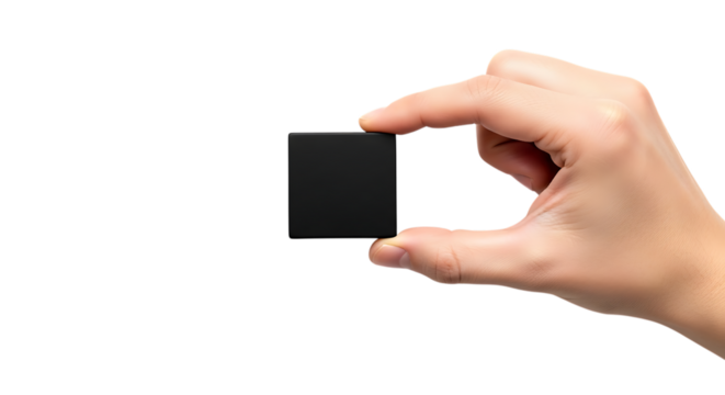 A human hand holding a small black rectangular object isolated on a white background isolated on white background