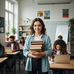 A woman standing in a classroom holding a stack of books