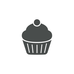 Dark gray solid icon of a cupcake or muffin with frosting and a topping, symbolizing dessert, baking, celebration, and a sweet treat in a simple vector design.