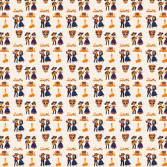 A festive seamless pattern featuring dancing skeletons, musicians, sugar skulls, candles, and altars, celebrating Día de los Muertos traditions.