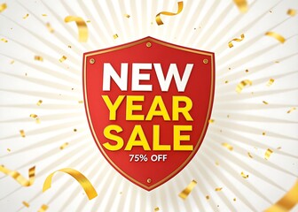 New year sale shield with confetti and 75 off offer isolated on white background