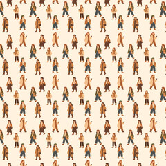 A seamless autumn-themed pattern featuring illustrated women in cozy coats, scarves, boots, and accessories, walking or holding coffee cups and bags on a neutral background.