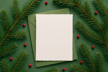 Christmas card mockup with blank paper and envelope surrounded by fir branches and red berries on green background for festive greeting layout. Ai generative