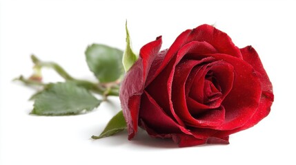A vivid red rose rests elegantly on a white surface. Fresh green leaves complement the delicate petals glistening softly from recent dew. The scene captures natural beauty and tranquility.