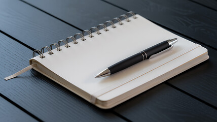 Photo of a simple white notebook and a black pen are arranged on a dark wooden surface