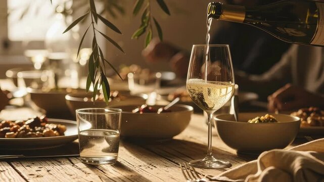 Close up view of a person pouring crisp white wine into an elegant glass on a rustic wooden table set for a convivial dinner with friends or family, illuminated by warm, natural sunlight