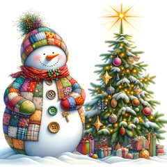 Funny patchwork snowman with Christmas tree, cute playful winter watercolor illustration isolated on white