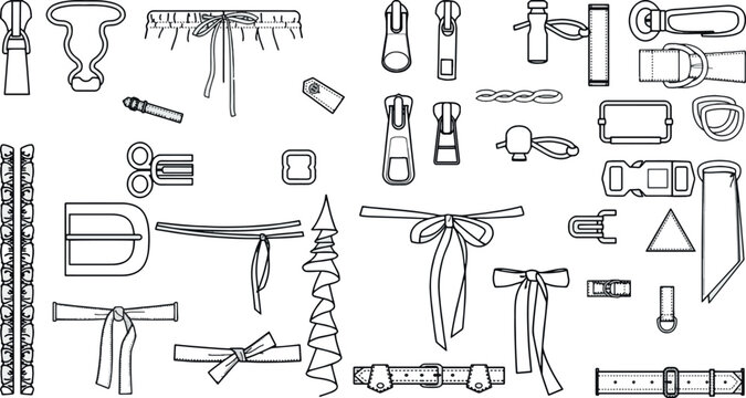 Comprehensive Fashion Hardware and Textile Trims Vector Set: Zippers, Buckles, Belts, and Bows Outline