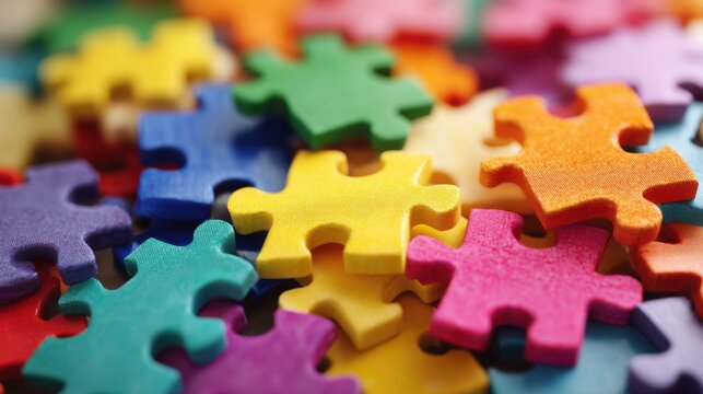 A vibrant collection of puzzle pieces in various colors is spread out on a table. These pieces invite people to engage in puzzles creativity and fun together.