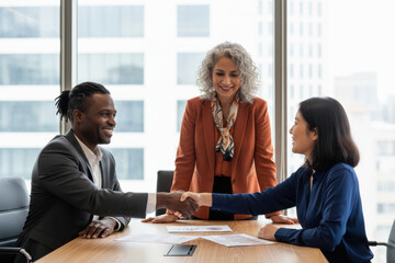 A woman shaking hands with a man at a table