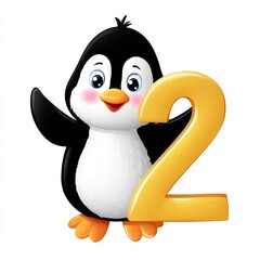Fototapeta premium Cute cartoon penguin brightly smiling with number two on white background