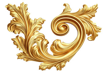 Golden ornate floral decoration with leaves, isolated on transparent cutout background