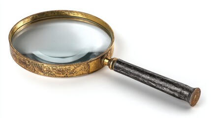 A vintage magnifying glass rests on a plain background showcasing its ornate gold frame and dark handle. This tool is perfect for detail-oriented tasks and exploration.
