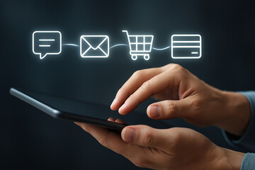 Professional photo of hands using digital tablet with glowing icons for communication shopping and payments technology seamless futuristic business concept