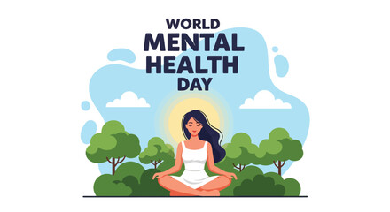 Flat style illustration of a woman meditating outdoors for World Mental Health Day, representing mindfulness, inner peace, and the importance of balance for emotional wellbeing