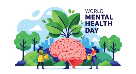 Flat style illustration of people watering a brain growing into a tree for World Mental Health Day, symbolizing care, growth, and nurturing emotional wellbeing in a supportive environment