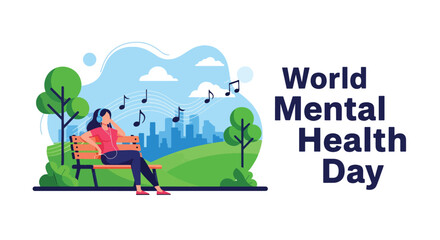 Flat style illustration of a woman listening to music on headphones in the park for World Mental Health Day, symbolizing relaxation, stress relief, and emotional wellbeing