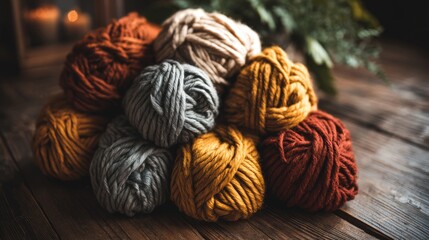 Chunky merino wool yarn balls. Warm autumn colors. Cozy crafting aesthetic