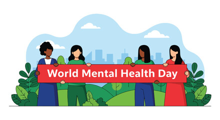 Flat style illustration of a group of people holding a banner for World Mental Health Day, symbolizing unity, awareness, and support for emotional wellbeing in a community setting