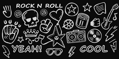 Rock and roll doodle collection featuring skulls guitars and musical symbols on black background