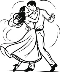 Dancing couple in fluid single-line style, bold stroke, romantic energy