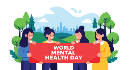 Flat style illustration of a group of people holding a banner for World Mental Health Day, symbolizing unity, awareness, and support for emotional wellbeing in a community setting