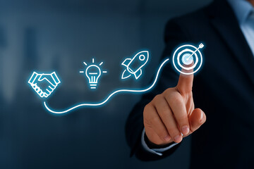 Futuristic business innovation concept hand gesture activating glowing path with handshake lightbulb rocket target icons teamwork success growth