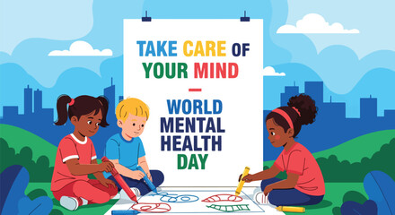 Flat style illustration of children drawing poster to promote World Mental Health Day, encouraging creativity, community, and awareness of emotional wellbeing in a positive environment.