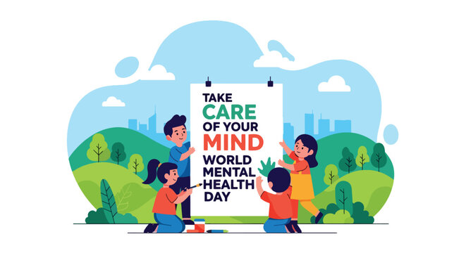 Flat style illustration of children drawing poster to promote World Mental Health Day, encouraging creativity, community, and awareness of emotional wellbeing in a positive environment.