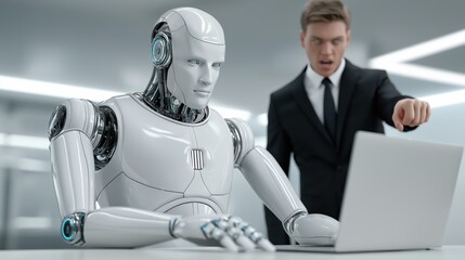 Angry businessman scolding humanoid robot while it works tensely at futuristic desk with glowing laptop, conveying frustration and tension.