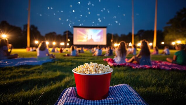 Outdoor movie night with popcorn under starry skies.