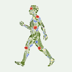 Conceptual illustration of a walking human figure composed of colorful wildflowers and green leaves, symbolizing a harmonious connection with nature and well-being